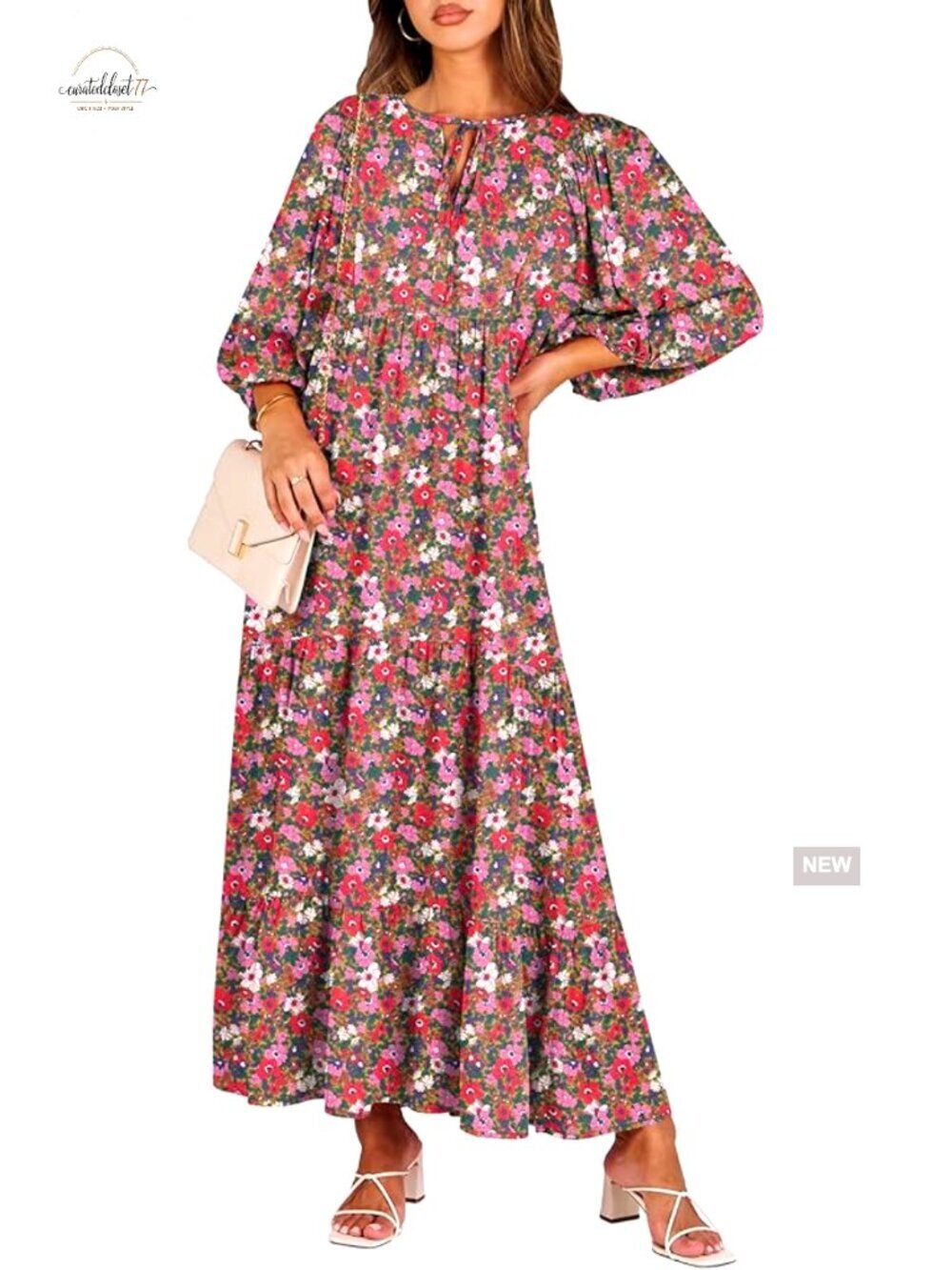 Boho Maxi Dress with V Neck Puff Sleeves Flowy Swing Casual Long Dress - Picture 1 of 7